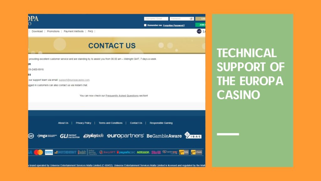 Technical support of the Europa Casino